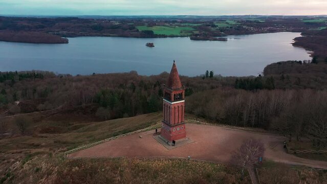 Aerial Over Red Brick Tower on the Top of Himmelbjerget Hill, Denmark