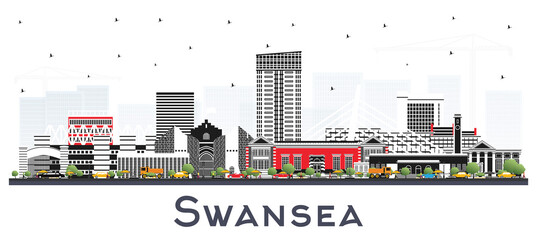 Swansea Wales City Skyline with Color Buildings Isolated on White.