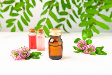 Herbal oil in a brown glass bottle with clover flowers, plant-based body serum on a white wooden background.