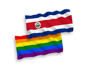 Flags of Republic of Costa Rica and Rainbow gay pride on a white background