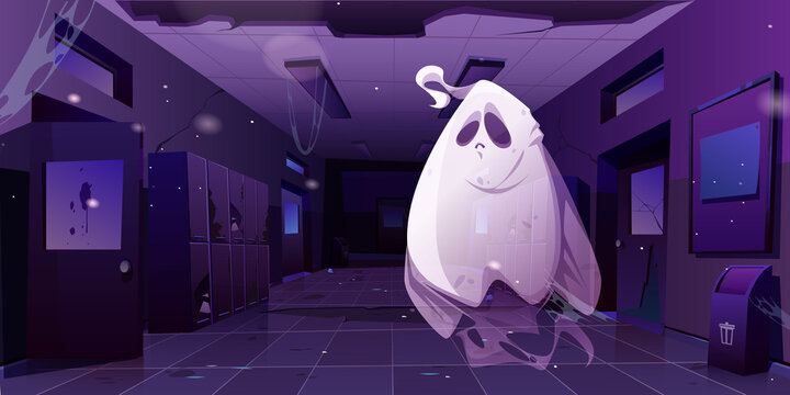 Ghost in abandoned school hall interior at night. Cartoon Halloween character inside of old college corridor with spider webs, lockers and broken walls. Funny spook fantasy monster Vector illustration