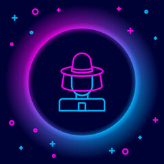Glowing neon line Beekeeper with protect hat icon isolated on black background. Special protective uniform. Colorful outline concept. Vector