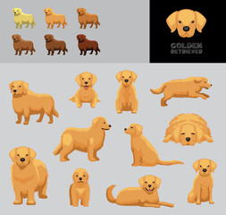 Dog Golden Retriever Cartoon Vector Illustration Color Variation Set
