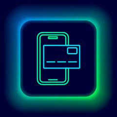 Glowing neon line Mobile banking icon isolated on black background. Transfer money through mobile banking on the mobile phone screen. Colorful outline concept. Vector