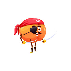 Apricot, peach pirate emoticon in bandana with swords isolated funny cartoon character. Vector orange plum summer fruit food, corsair and buccaneer, cute captain in eye patch with pair of sabers