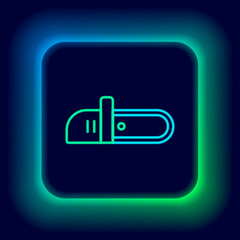 Glowing neon line Chainsaw icon isolated on black background. Colorful outline concept. Vector
