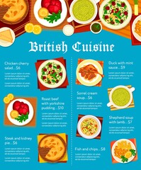 British cuisine menu cover. Sorrel cream soup, fish and chips and chicken cherry salad, shepherd soup with lamb, roast beef with yorkshire pudding and duck with mint sauce, steak and kidney pie