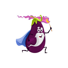 Fototapeta premium Cartoon running eggplant wizard character. Vector magician vegetable with long white beard wear cape and burning torch in hand. Funny magic parsonage, wiz or sorcerer isolated on white