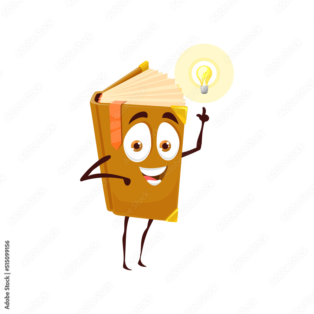 Poster funny cartoon kids textbook with lightened lamp new idea symbol isolated book character emoticon. ve