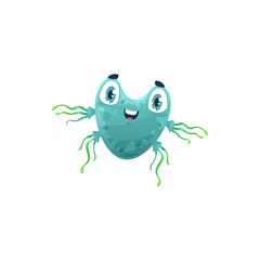 Cartoon virus cell vector icon, cute green bacteria with long hairs, happy germ character with funny face. Smiling pathogen microbe emoticon, isolated moving micro organism symbol