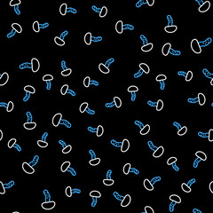 Line Mushroom icon isolated seamless pattern on black background. Vector