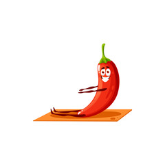 Cartoon chilli pepper stretching on mat isolated funny kids character yoga fitness. Vector hot chilly healthy vegetarian food with happy smiling face on sport workout. Sportive vegetable on trainings