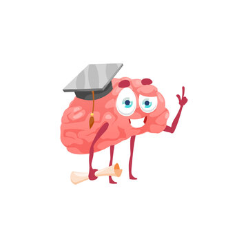 Brain in mortarboard hat and diploma or certificate in hands graduating from college or university isolated flat cartoon character. Vector clever mind, healthy human nervous system organ graduation