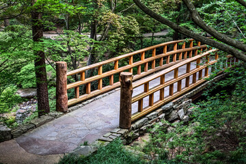 A beautiful footbridge, with wooden handrails and stone walkway, crosses a stream under the trees...