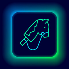 Glowing neon line Toy horse icon isolated on black background. Colorful outline concept. Vector