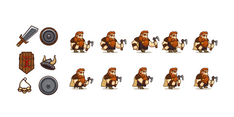 Game armor icons and character viking walk cycle sequence. Vector cartoon set of sword, shields, helmet with horns and skull necklace. Sprite sheet of walking man warrior with axe for 2d animation