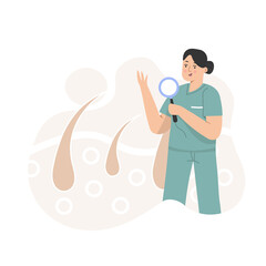 A woman doctor stands and looks at her hand with a magnifying glass, against the background of her hair