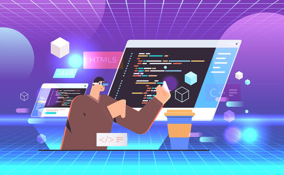 programmer in virtual reality glasses writing code for computer app engineering software coding vr vision headset innovation