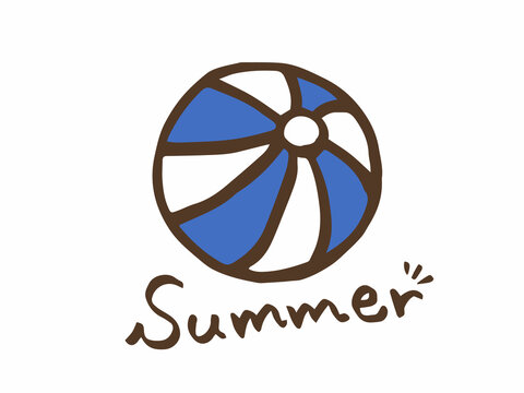 かわいい夏の青いビーチボールとSummerの手書き文字／手描き文字イラスト素材
