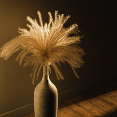 Aesthetic minimal interior design. Pampas grass floral bouquet against shaded wall. Shadows on the wall. Silhouette in sun light. Minimal interior decoration concept