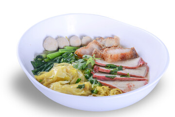 Chinese Noodle With Barbecue Pork And Wanton In The Soup on White background (clipping path)
