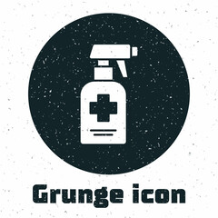 Grunge Bottle of liquid antibacterial soap with dispenser icon isolated on white background. Antiseptic. Disinfection, hygiene, skin care. Monochrome vintage drawing. Vector.