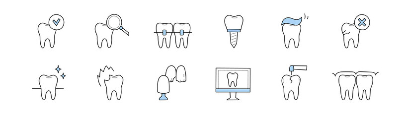 Dentistry and stomatology doodle icons set. Vector linear signs, dental care and medicine Teeth implant, braces, paste and desktop with tooth, stomatological tools, caries treatment, oral health
