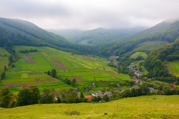 Fototapeta na wymiar carpathian rural landscape. green fields and arable on the hills. small village in the valley. forested mountain beneath a bright overcast sky