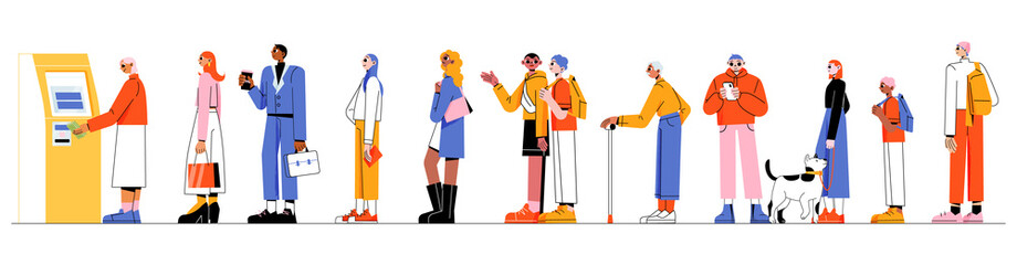People at atm queue. Diverse characters stand in line waiting turn to draw or put money to automated teller machine. Clients terminal transaction, banking services. Linear flat vector illustration