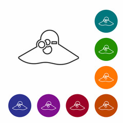 Black line Elegant women hat icon isolated on white background. Set icons in color circle buttons. Vector