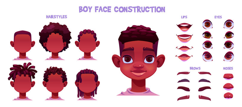 Boy face construction, child african creation with head parts isolated on white background. Vector cartoon set of black skin kid face generator with eyes, noses, hairstyles, brows and lips