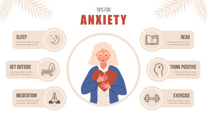 Mental health. Tips for anxiety. Happy elderly woman love herself. Psychology help. Self care concept. Vector illustration in flat cartoon style.