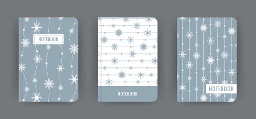 Cover page notebook collection. Templates with christmas patterns in cartoon style. Perfect for diary, books, magazines, journals, catalogs, planners and flyers. Vector layouts.