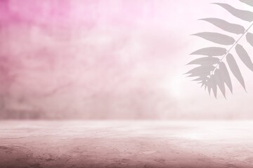 Abstract pink color gradient studio background for product presentation. Palm leaves. Summer concert.