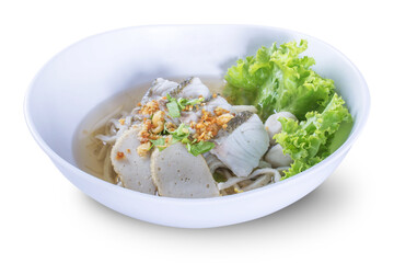 Fish Noodles : Rice Vermicelli with Fish Dumplings, Fish Balls, Fish Line in White Bowl and isolate background
