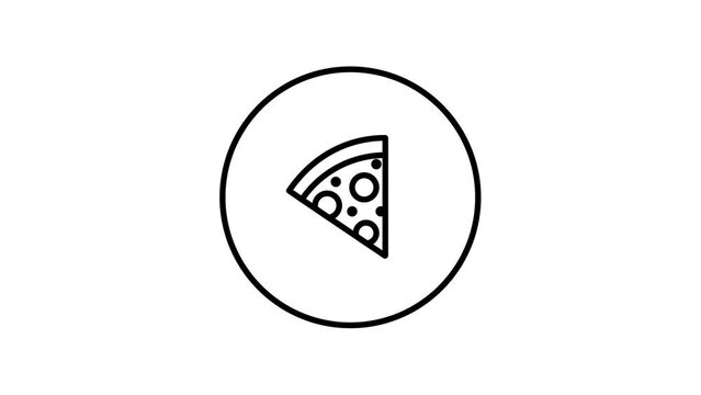 Video animation pizza slice in circle black and white outline button, line icon vector illustration, food, fast food, pepperoni, video animation, self drawing.