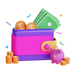 3d finance wallet icon illustration with money, and piggy bank