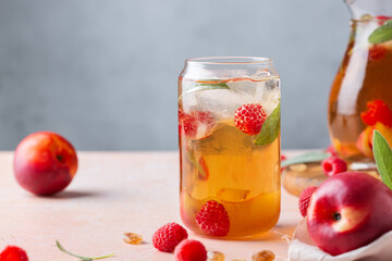 Peach raspberry iced tea, summer refreshing drink, beverage, cocktail