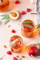 Peach raspberry iced tea, summer refreshing drink, beverage, cocktail