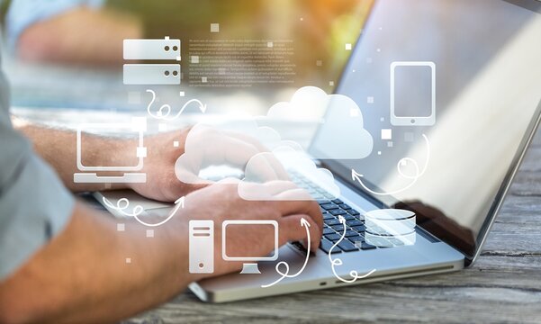 document management concept with icons on virtual screen, Businessman working on the computer for document management concept, online documentation database, and digital file storage system.