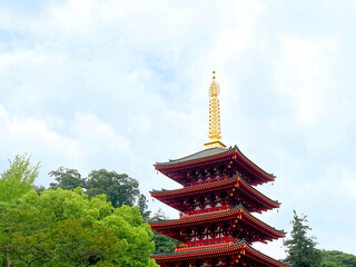 日本の文化的建造物、五重塔。朱と金の装飾が織りなすコントラストが象徴的
