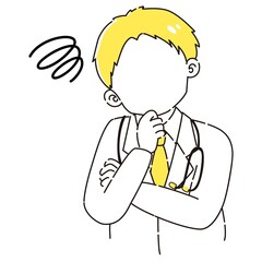 ガッツポーズをする白衣を着た男性のイラスト（聴診器付き）