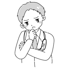 ガッツポーズをする白衣を着た男性のイラスト（聴診器付き）