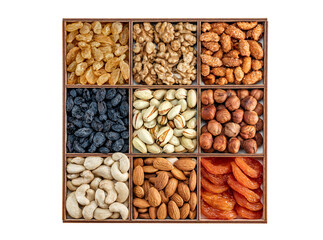 assorted nuts and dried fruit collection. Different superfoods. Vegetarian snack of different nuts....