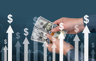 inflation. hands with banknotes of American dollars against the background of arrows and dollar...