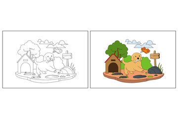 Hand drawn cute puppies coloring page