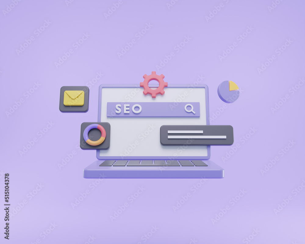 Wall mural 3d render search engine optimization seo for web analyst and web rank on purple background