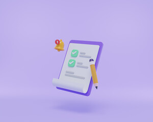 3D Render clipboard or paper note and pencil icon with reminder checkbox document report
