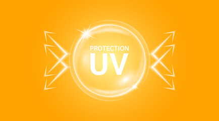 Translucent bubble dome shield for UV protection your skin. Ultraviolet sunblock vitamins. Cosmetic products design with moisturizer cream whitening for skin care. On orange background vector. - obrazy, fototapety, plakaty