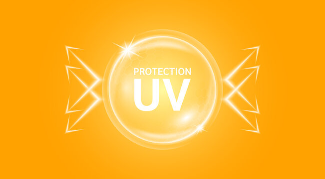 Translucent bubble dome shield for UV protection your skin. Ultraviolet sunblock vitamins. Cosmetic products design with moisturizer cream whitening for skin care. On orange background vector.